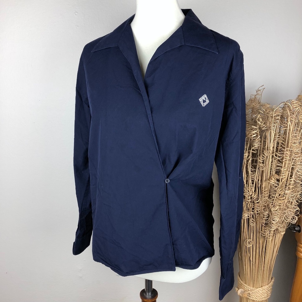 RALPH LAUREN Embroidered Logo Wrap Collared Shirt Navy Blue Medium Petite